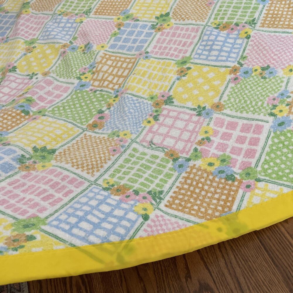 Vintage Sears Patchwork Floral Blanket Full Size Cottagecore Acrylic Satin Trim